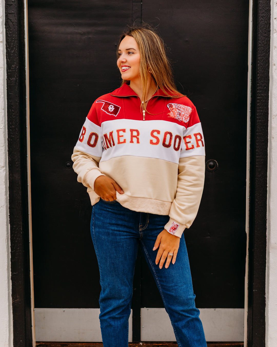 Queen Of Sparkles: Licensed Oklahoma Quarter Zip Colorblock Sweatshirt
