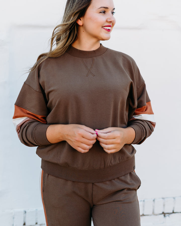 Glyder: Vintage Oversized Crew in Chocolate Cinnamon, Oatmilk, and Latte Stripe