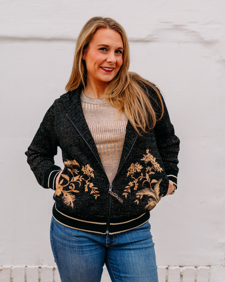 Johnny Was: Metallic Thermal Zip Up Hoodie in Black