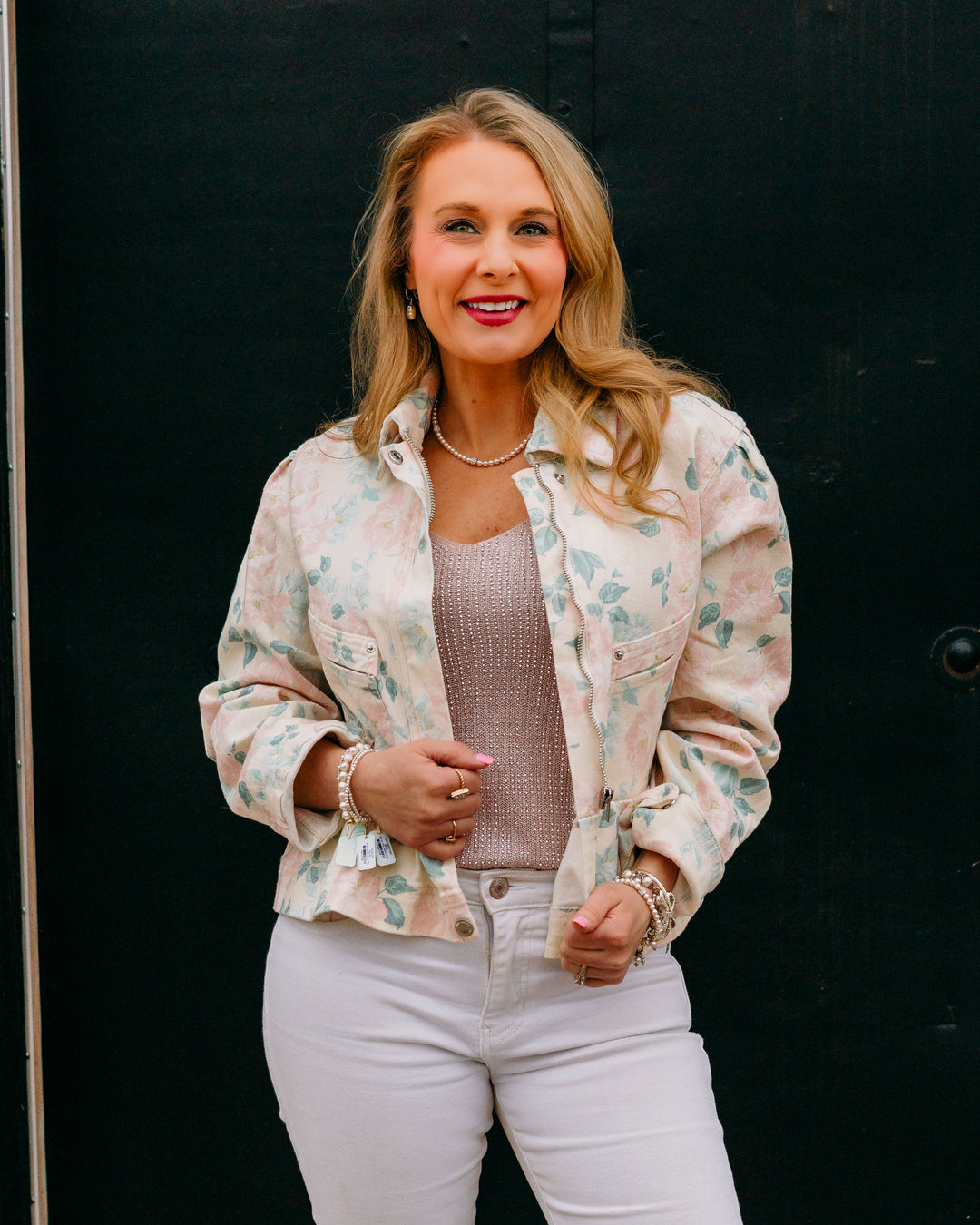 Steve Madden: Sloan Jacket In Floral in Peach Beige (SA04453) - The Vogue Boutique