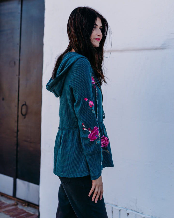 Johnny Was: Peplum Metallic Thermal Hoodie Rosilia in Metallic Emerald Mem