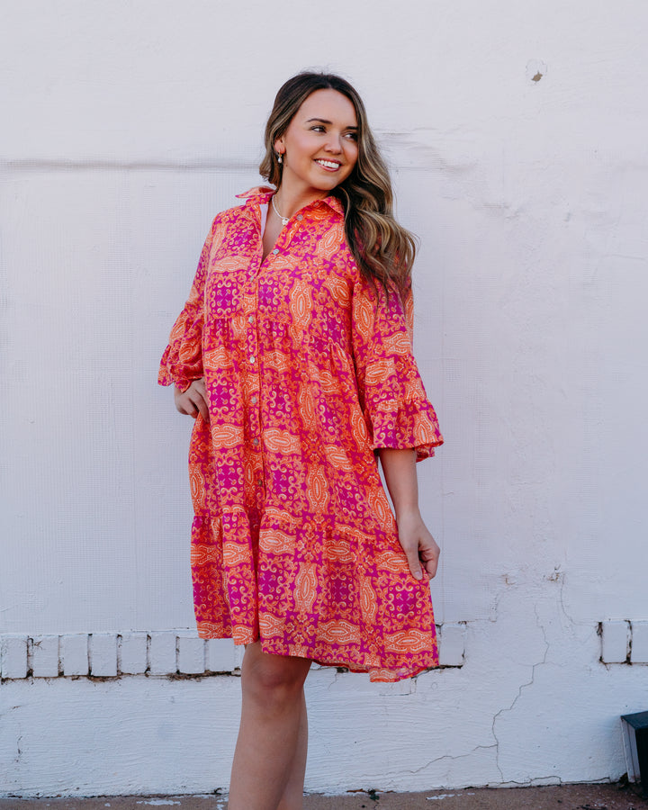 Uncle Frank: Tiered Sleeve Dress in Fuchsia (74659) - The Vogue Boutique