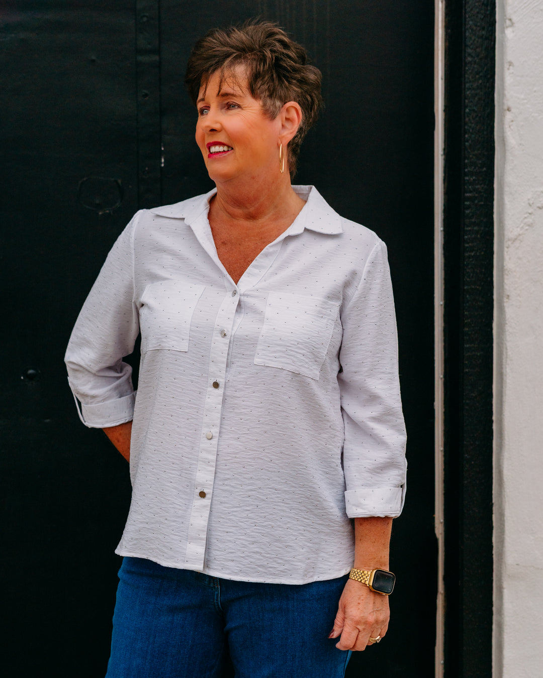 Multiples: Crunch Tab 3/4 Sleeve 2-Pocket Button Front High-Low Shirt in White - The Vogue Boutique