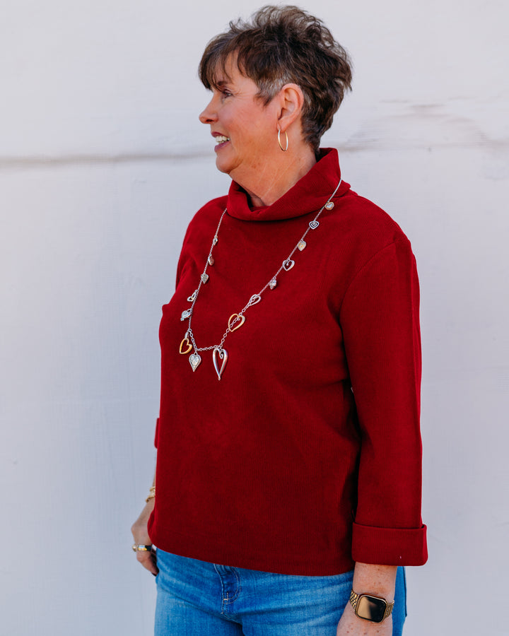 Multiples: Turn Up Cuff 3/4 Sleeve Knit Turtle Neck Top in Crimson (M45105TM)