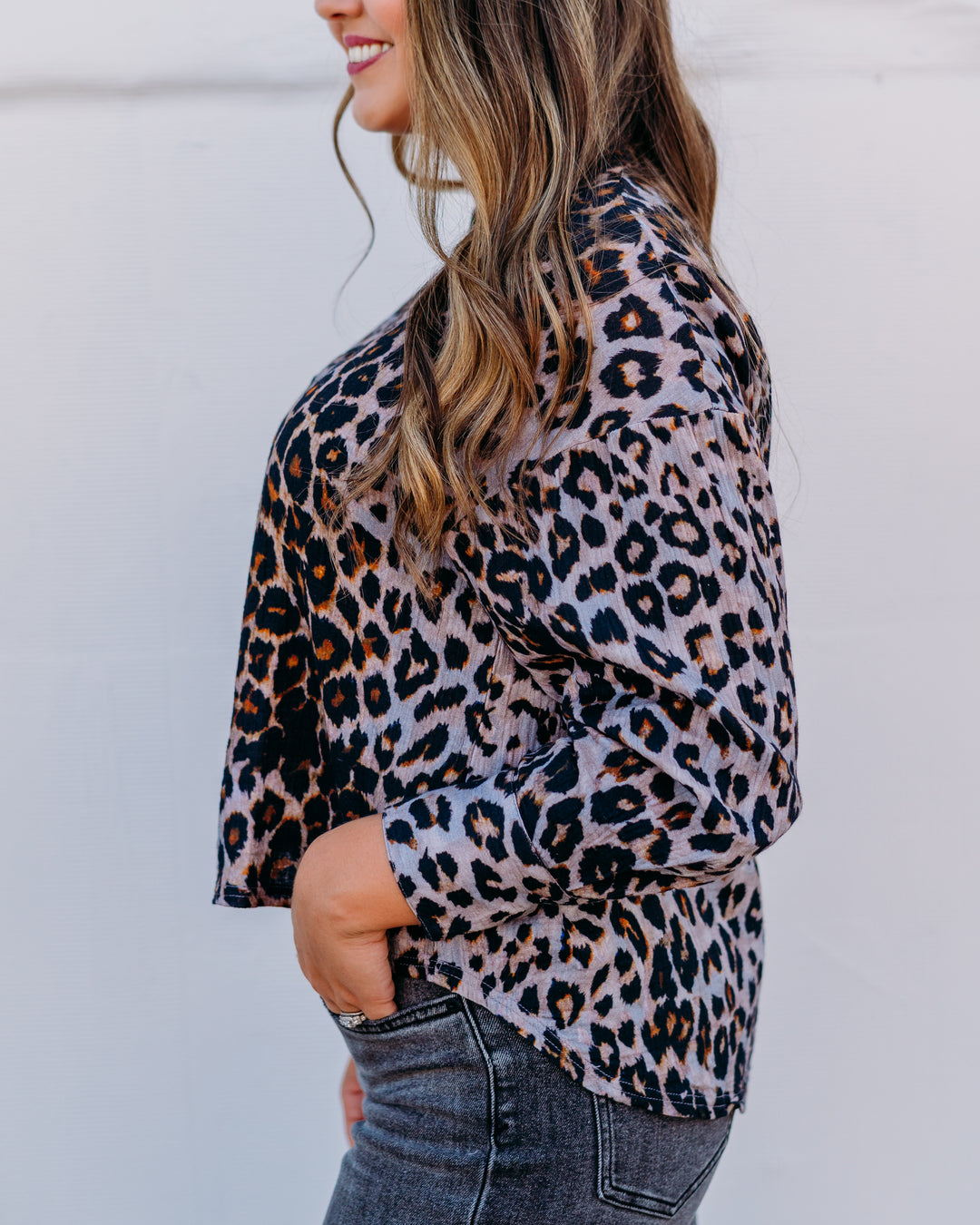 Ivy Jane: Leopard V-neck Linen Top in Grey