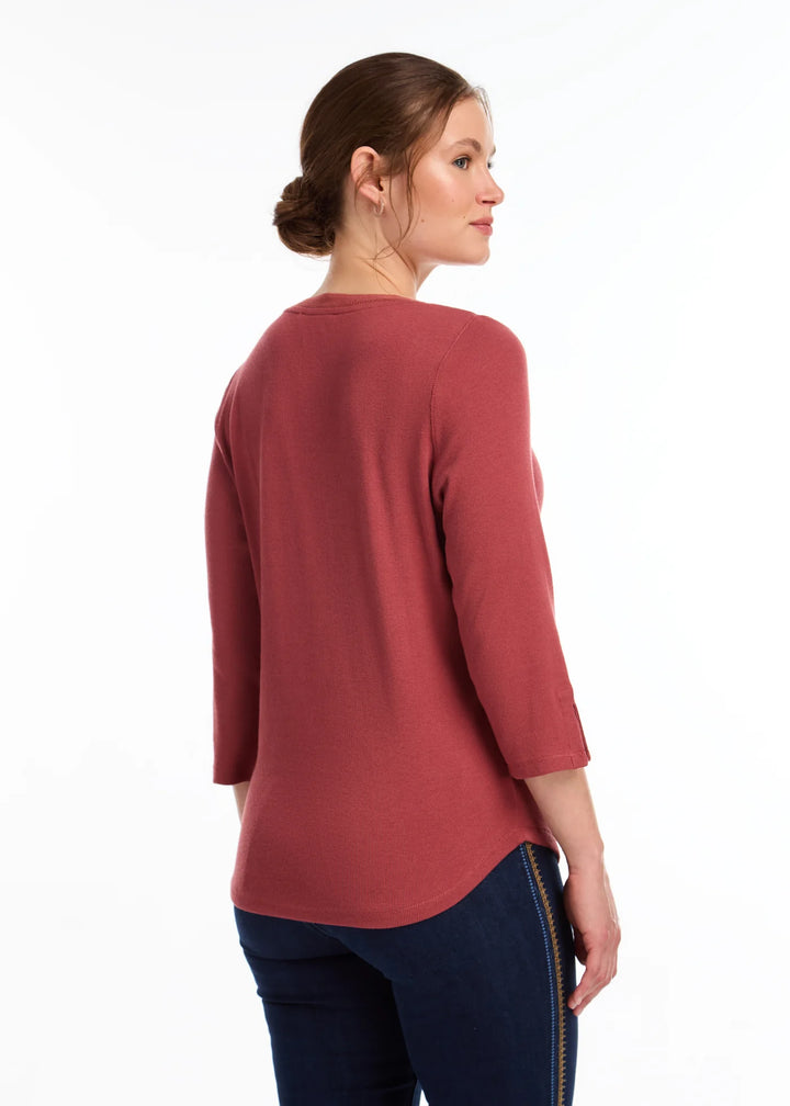 French Dressing Jeans: Rust Red Baby Rib V-Neck 3/4 Sleeve
