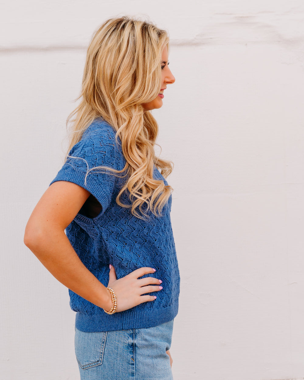 Varley: Manae Pointelle Knit Top in Bijou Blue (VAR03190) - The Vogue Boutique