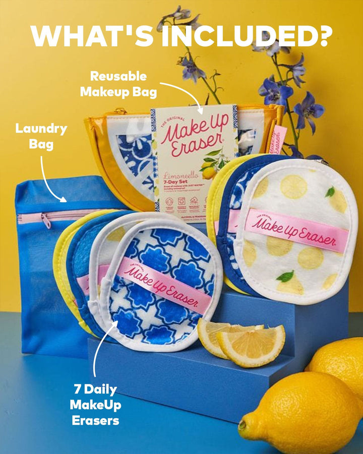 Makeup Eraser Limoncello 7-Day Set with blue laundry bag and lemon-patterned makeup erasers