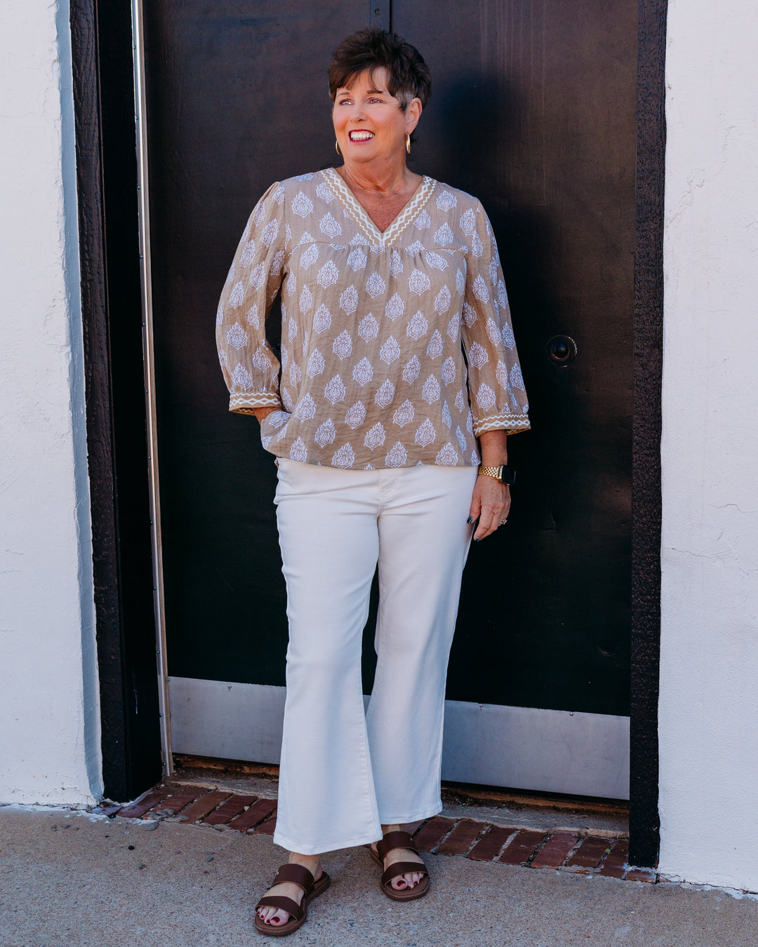 Multiples: Cuffed 3/4 Slv Banded V-Neck Top in Khaki (M26407TM)