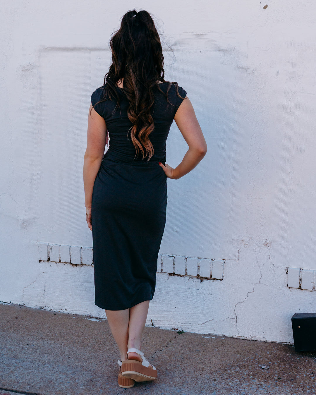 Spanx: Smooth Jersey Scoop Neck Ruched Midi Dress in Classic Black (22369R) - The Vogue Boutique