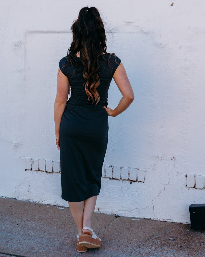 Spanx: Smooth Jersey Scoop Neck Ruched Midi Dress in Classic Black (22369R) - The Vogue Boutique