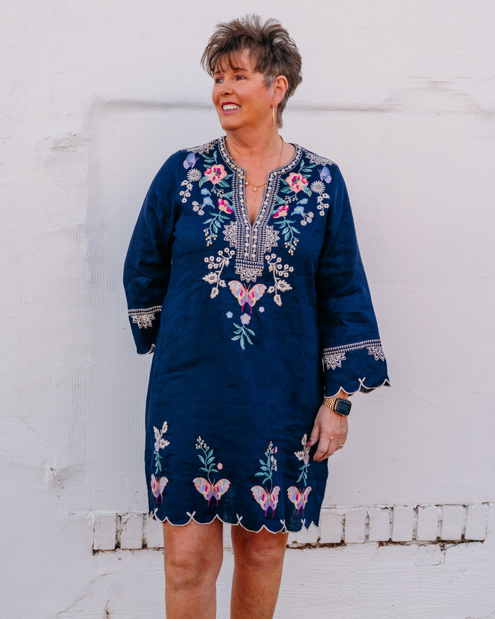 Johnny Was: Linen Scallop Dress in Arva in Blue Night (J31826)
