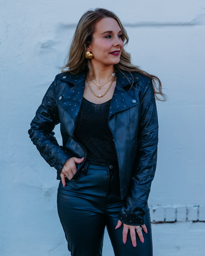 Joseph Ribkoff: Foiled Faux Suede Fitted Jacket with Rhinestones in Black (254904)