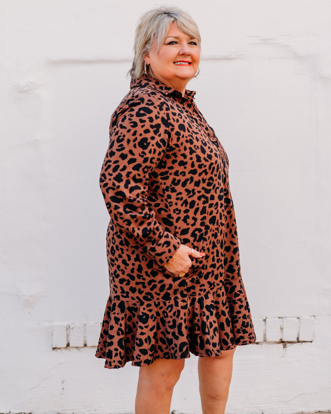 Uncle Frank: Leopard Printed Ruffled Dress in Rust