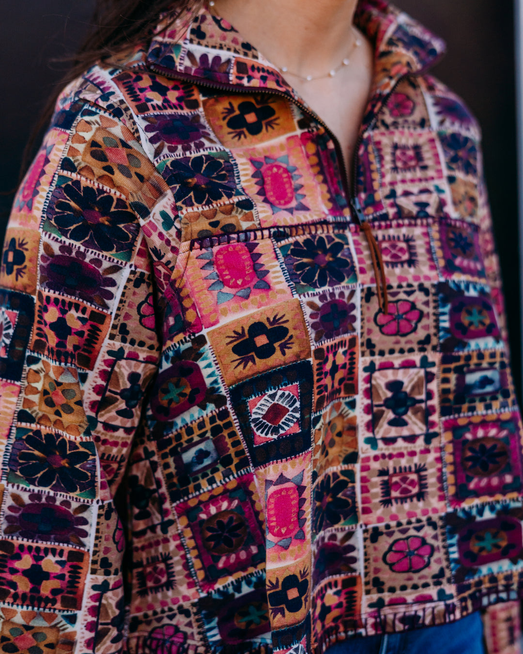 Ivy Jane: Crochet Printed Half Zip in Plum