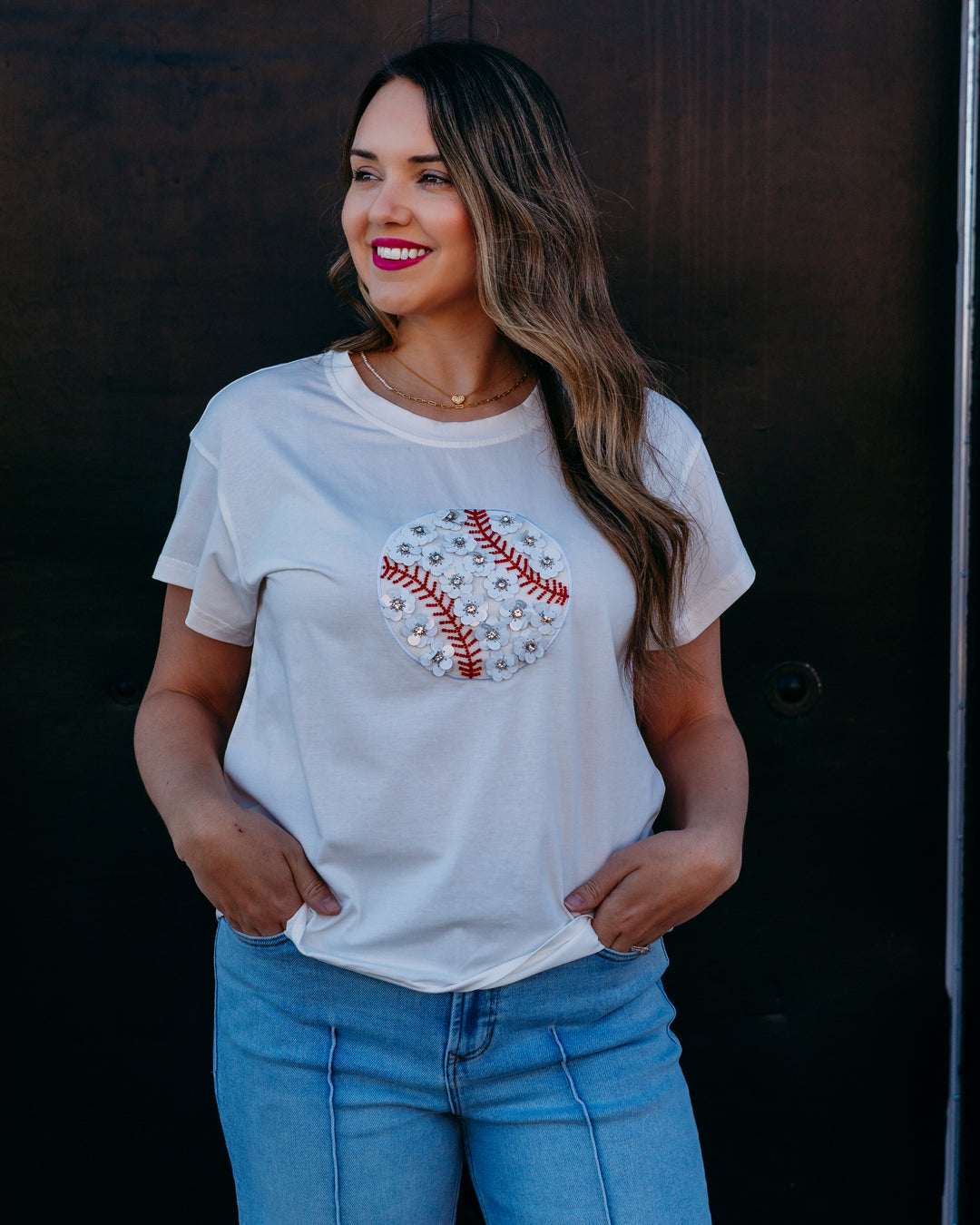 Queen Of Sparkles: White Flower Baseball Tee in White (SP26235) - The Vogue Boutique