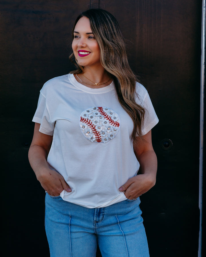 Queen Of Sparkles: White Flower Baseball Tee in White (SP26235) - The Vogue Boutique
