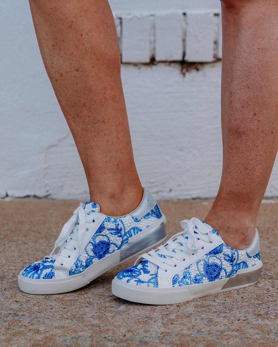 Betsey Johnson: SB-Damon Tennis Shoe in White/Blue Floral