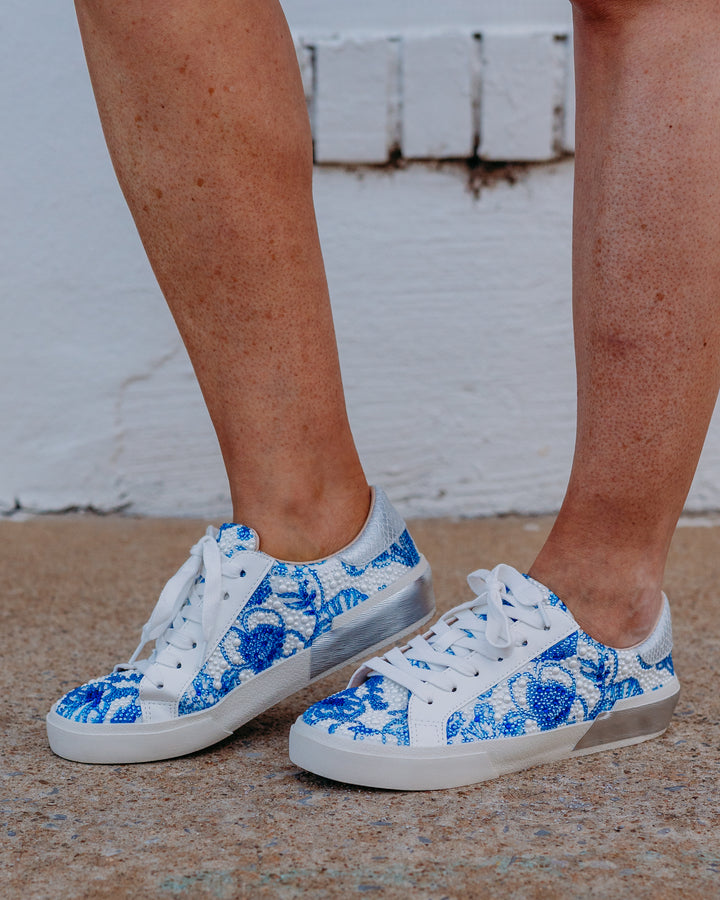 Betsey Johnson: SB-Damon Tennis Shoe in White/Blue Floral