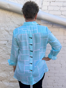 Multiples: 3/4 Sleeve Button Front Stripe Print Shimmer Shirt in Aqua - M14306BM
