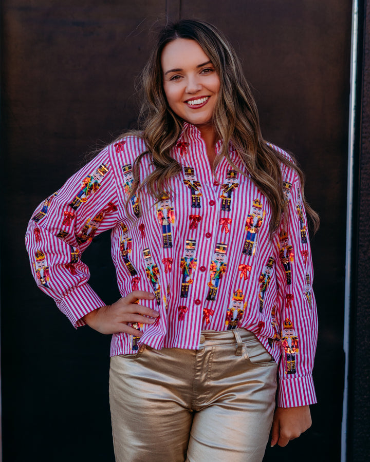 Queen Of Sparkles: Red Stripe Scattered Nutcracker & Bow Cotton Button Up Top