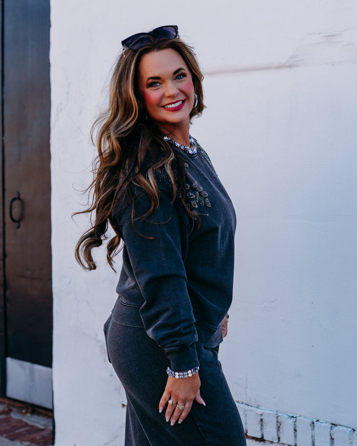 Johnny Was: French Terry Beaded Sweatshirt Jewel in Charcoal Heather