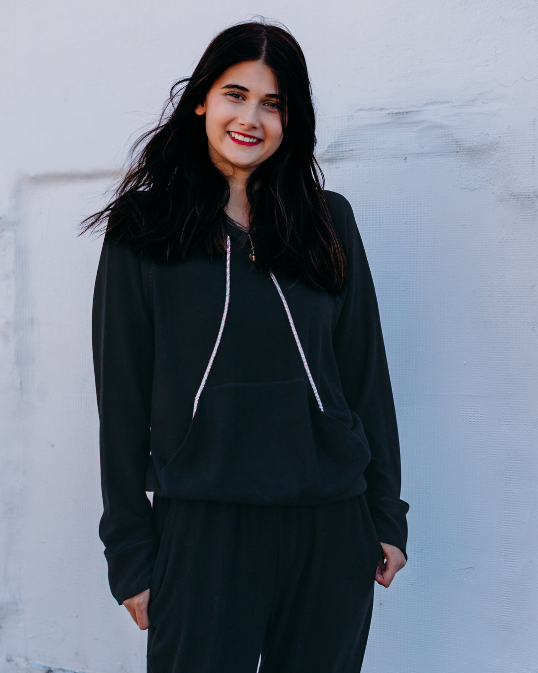 Karen Kane: Rhinestone Drawstring Hoodie in Black (4L50900)