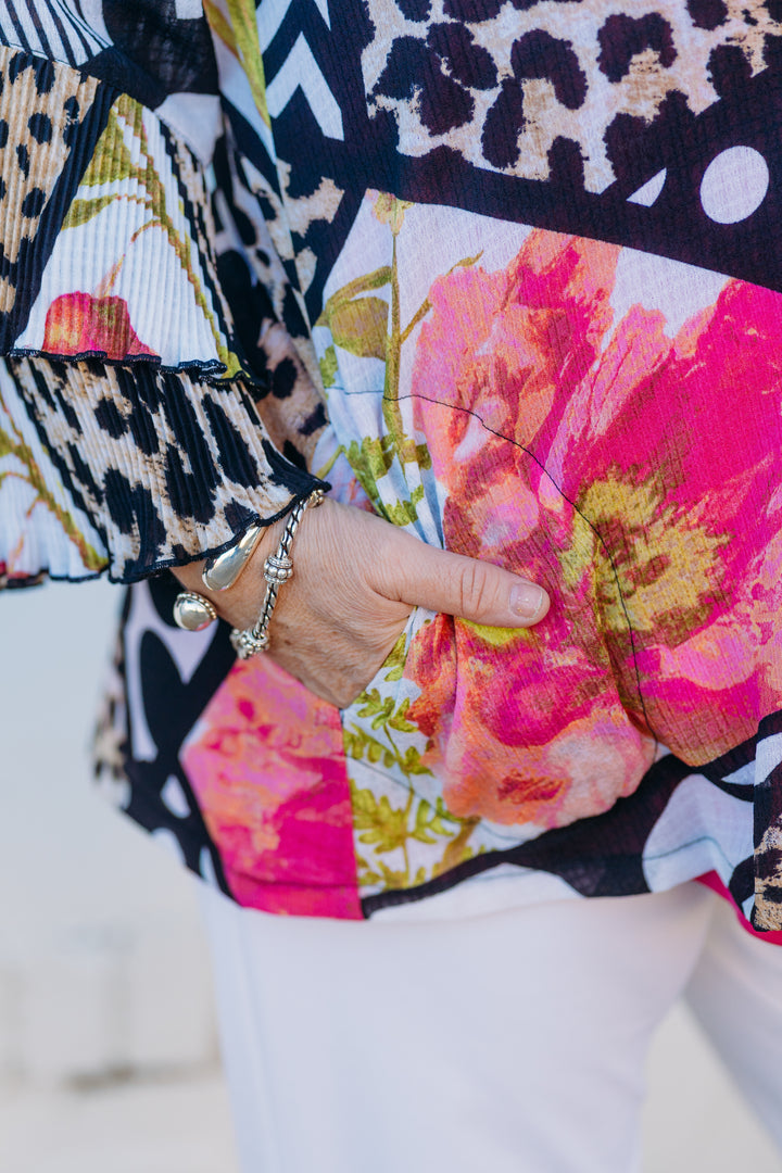 Multiples: DBL Peated Flounce 3/4 Sleeve Button Top in Multi M15407JM
