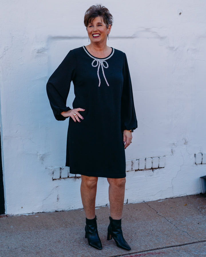 Karen Kane: Embellished Bow Shift Dress in Black (4L90210)