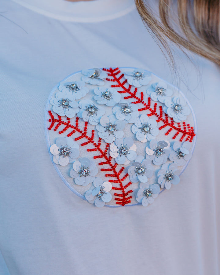 Queen Of Sparkles: White Flower Baseball Tee in White (SP26235) - The Vogue Boutique