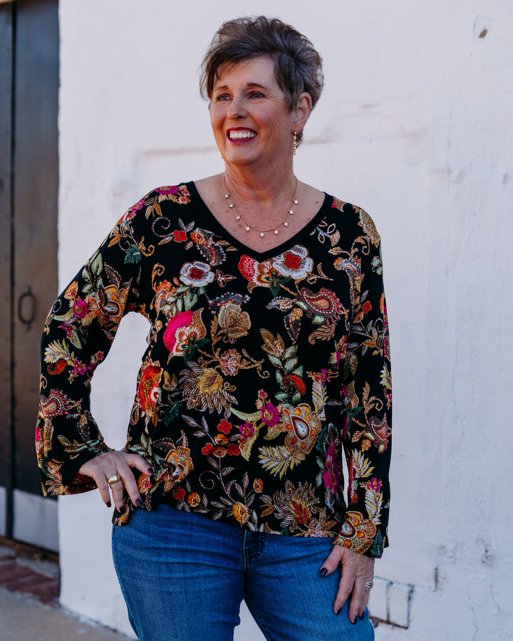 Johnny Was: The Janie Favorite V-Neck Flute Sleeve Tee in Lowri Black