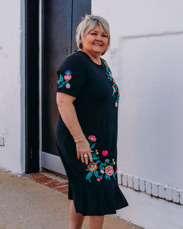 Johnny Was: Zivana Ruffle Hem Knit Midi Dress in Black - The Vogue Boutique