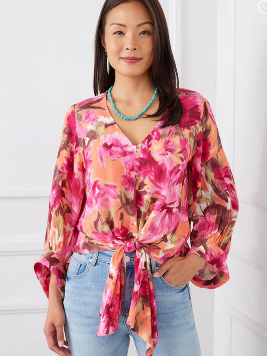 Karen Kane: Blouson Sleeve Tie Front Top in Floral Print Flo
