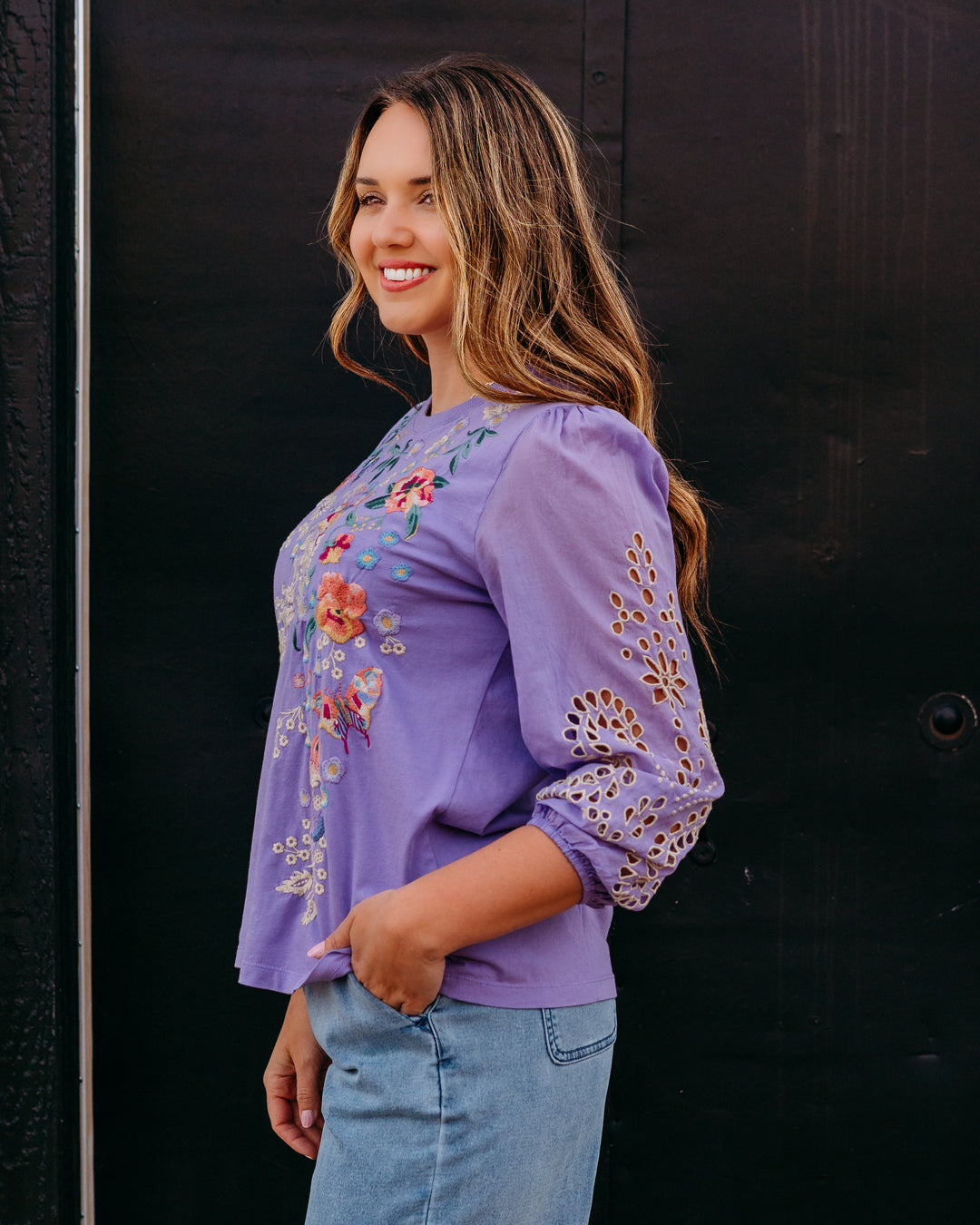 Johnny Was: 3/4 Sleeve Mixed Media Tee in Arva in Paisley Purple (J11026)