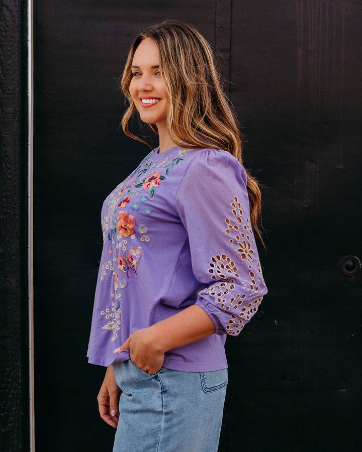 Johnny Was: 3/4 Sleeve Mixed Media Tee in Arva in Paisley Purple (J11026)