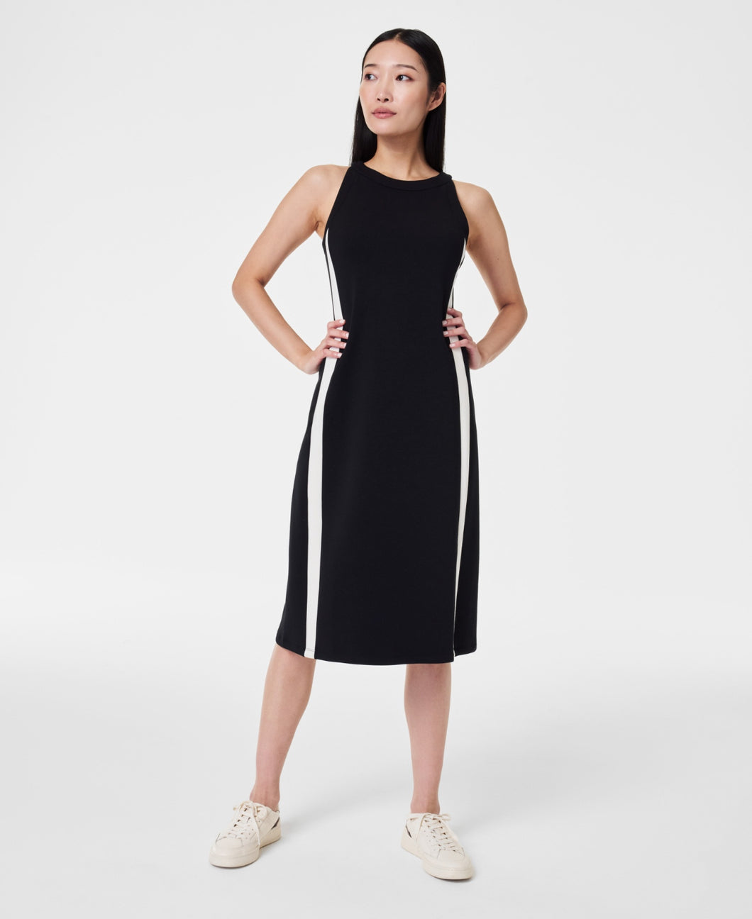 Spanx: AirEssentials Side Stripe Midi Dress in Very Black