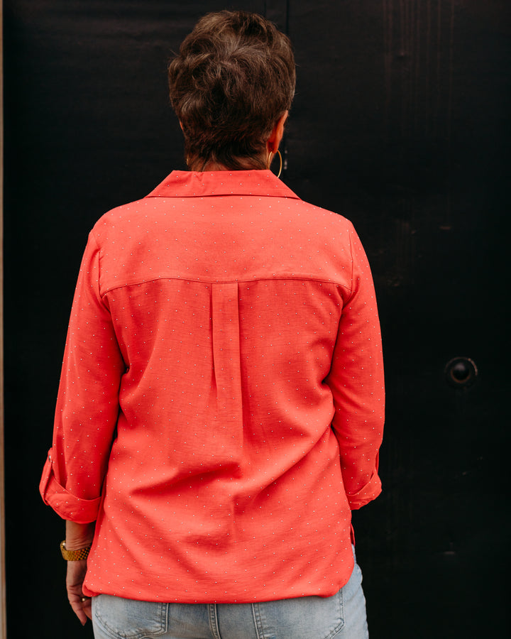 Multiples: Crunch Tab 3/4 Sleeve 2-Pocket Button Front High-Low Shirt in Coral pink (M26611BM) - The Vogue Boutique