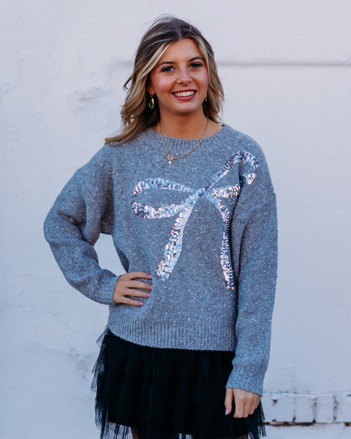 Elan: Grey Sequin Bow Sweater swp11585