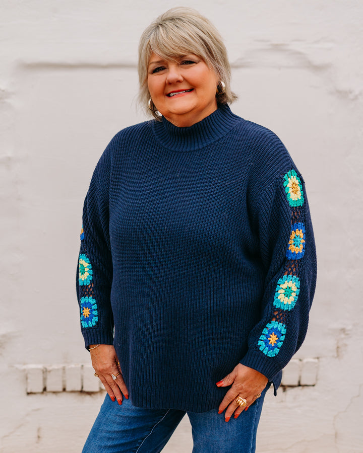 Multiples: 3/4 Sleeve Soild Sweater Knit Mock Neck in Midinight (M45401KM)