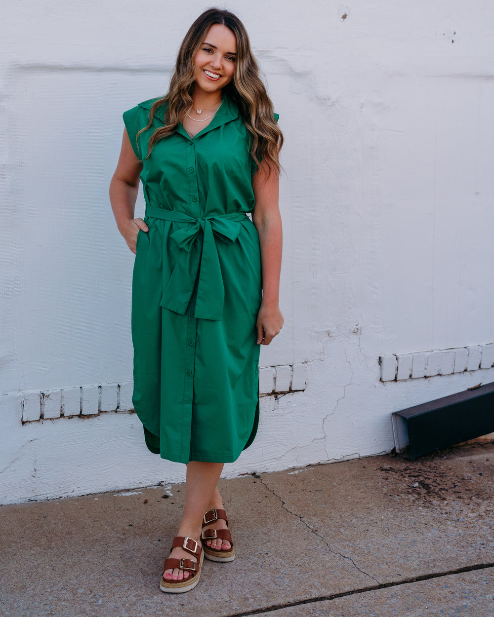 Jade: Round Hem Midi Dress in Green (76A8056) - The Vogue Boutique