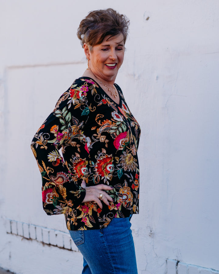 Johnny Was: The Janie Favorite V-Neck Flute Sleeve Tee in Lowri Black