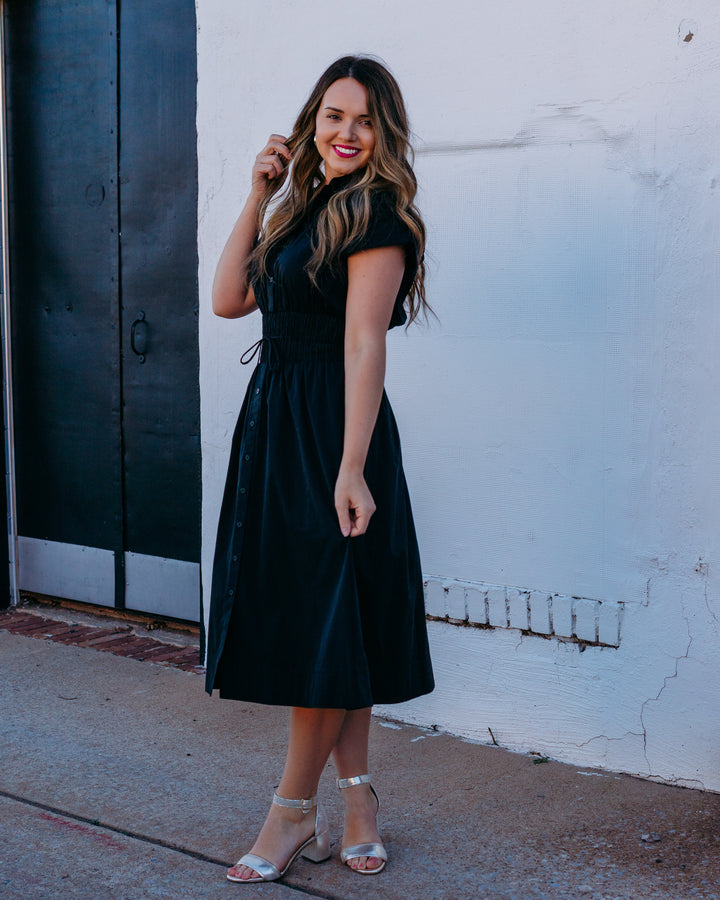 Spanx: Poplin Smocked Midi Shirt Dress in Classic Black (22366R) - The Vogue Boutique