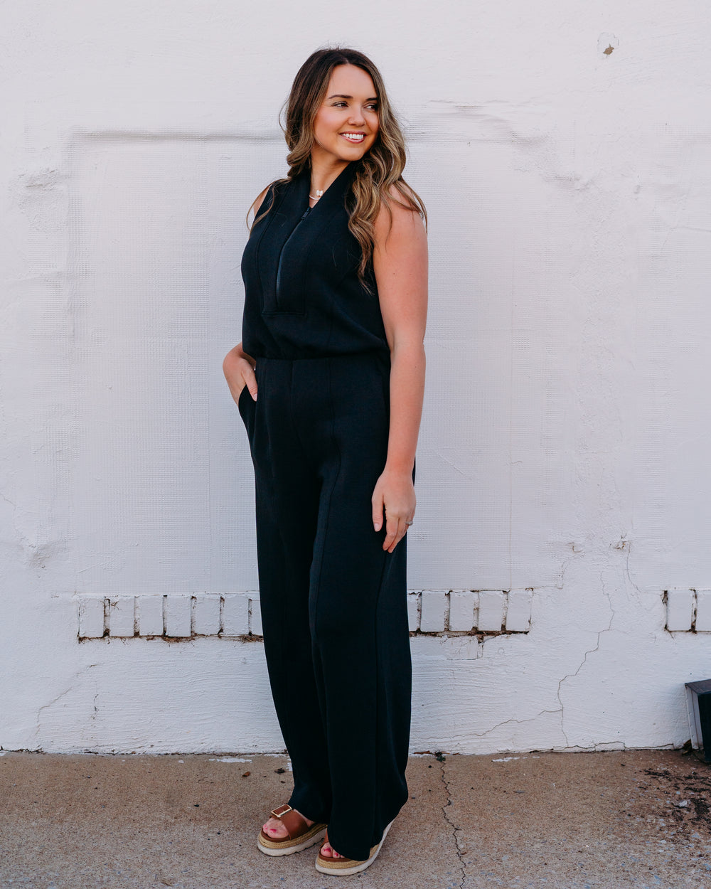 Spanx: Airessentials® Shawl Collar Half Zip Jumpsuit in Very Black (22464R) - The Vogue Boutique