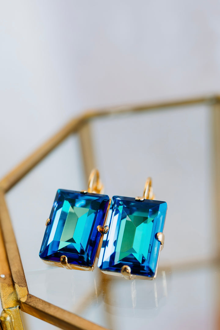 Mariana: Gold Emerald Cut Earrings in “Ocean”