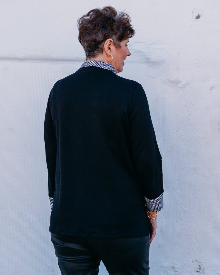 Multiples: (Merry & Bright) black Plaid Cuffed 3/4 Sleeve Knit Top M45605TM