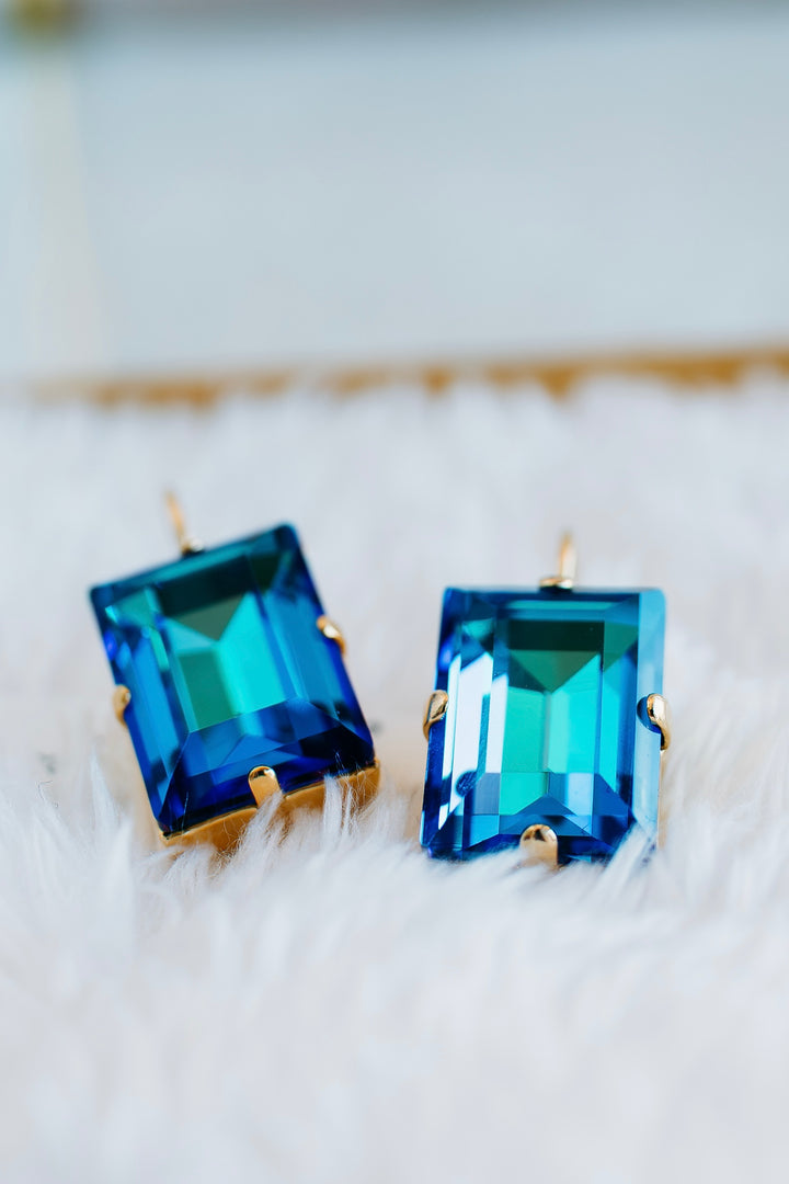 Mariana: Gold Emerald Cut Earrings in “Ocean”