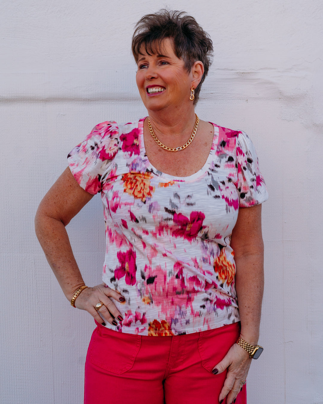 Liverpool: Puff Slv Scoop Neck Knit Top in Pink Multi Flrl - The Vogue Boutique