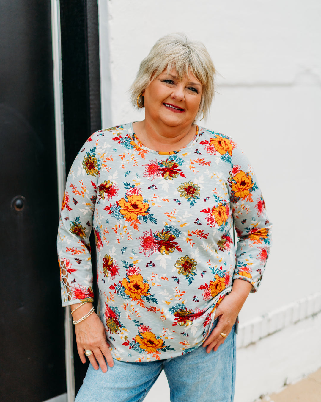 Multiples: 3/4 Sleeve Scoop Neck Top W/ Lace trim in Multi (M35608TM)