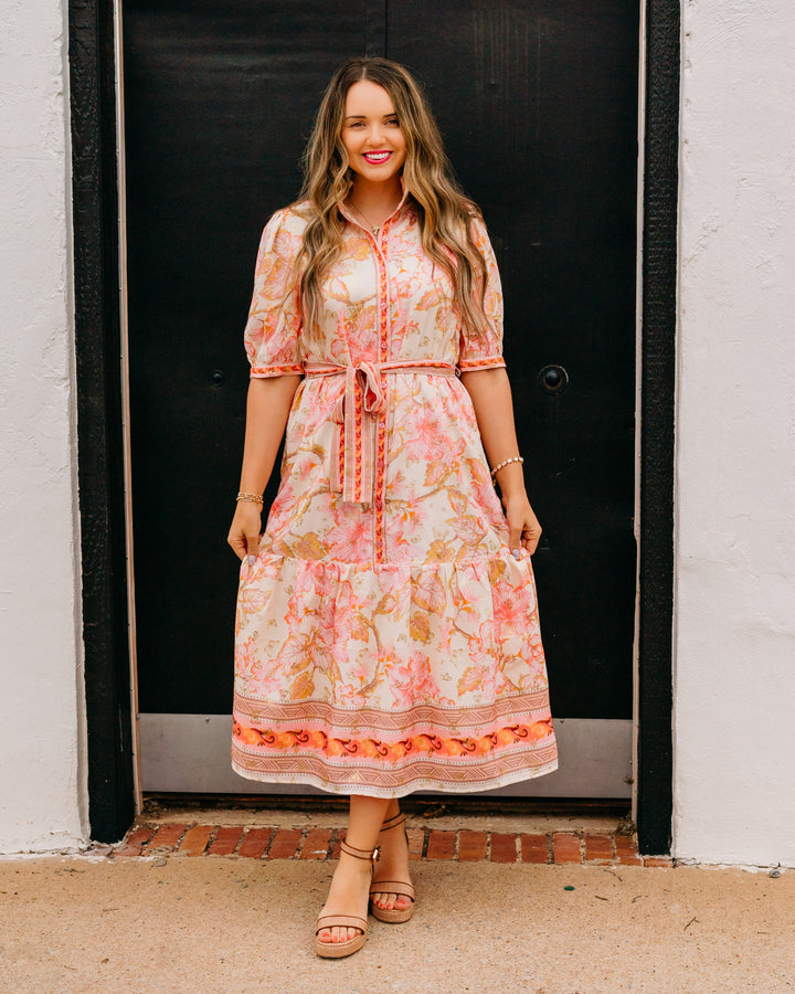 Jade: Aloha Bloom Button Front Short Sleeve Midi