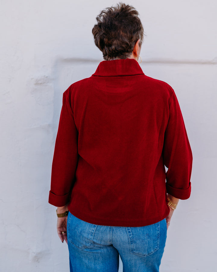 Multiples: Turn Up Cuff 3/4 Sleeve Knit Turtle Neck Top in Crimson (M45105TM)